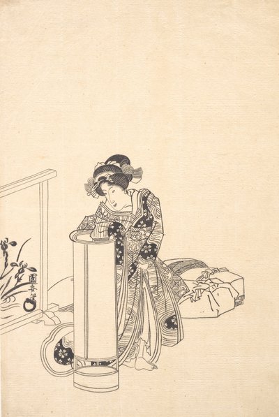 Giovane donna che si china su una lampada alta da Utagawa Kuniyasu