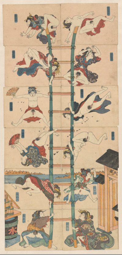 Serie di dodici koban Shunga con prostitute nel ruolo di pompieri acrobatici da Utagawa Kuniyoshi (school of)