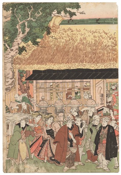 Un gruppo di attori in viaggio verso il santuario di Oji (Inari jinja) il giorno di Capodanno, firmato Kuniyoshi, sigillo kiwame, trittico Oban tate-e da Utagawa Kuniyoshi