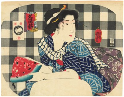 Una donna che tiene una fetta di anguria, dalla serie Marchi Famosi di Sake (Meishu zoroi) da Utagawa Kuniyoshi