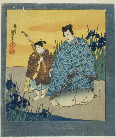 Attore Ichikawa Danjuro VIII come Narihira a Yatsuhashi da "Uno schermo a sei ante di immagini famose (Meiga rokushi byobu)". da Utagawa Kuniyoshi