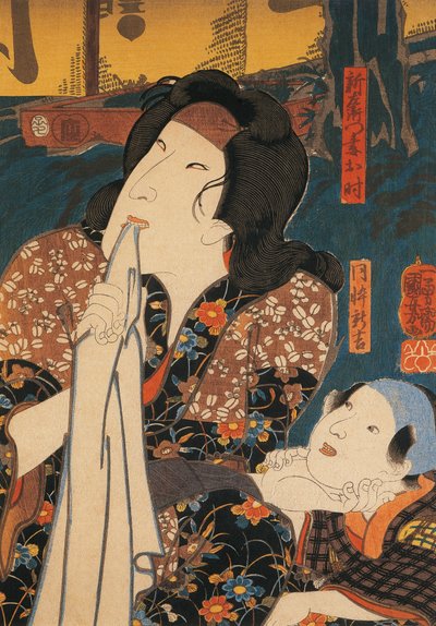 Attore in posa pensierosa accanto a un bambino da Utagawa Kuniyoshi
