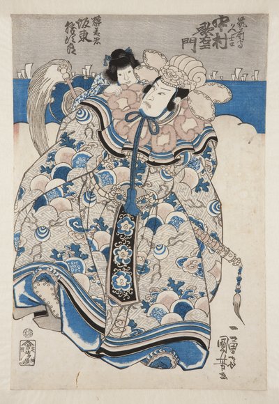 Attori Nakamura Utaemon IV come Chikuzen no kami Hisayoshi, Band? Katsujir? come Teruwaka no Kimi (stampa xilografica a colori) da Utagawa Kuniyoshi