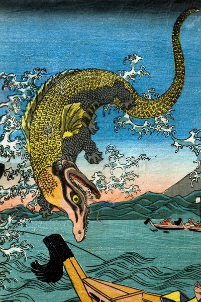 La lotta di Asahina Yoshihide con due coccodrilli nel mare al largo di Kamakura Kotsubo da Utagawa Kuniyoshi