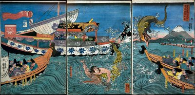 La lotta di Asahina Yoshihide con due coccodrilli nel mare al largo di Kamakura Kotsubo da Utagawa Kuniyoshi