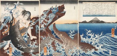 Asaina Saburo Yoshihide lotta con due coccodrilli sulla spiaggia di Kotsubo, 1849 da Utagawa Kuniyoshi