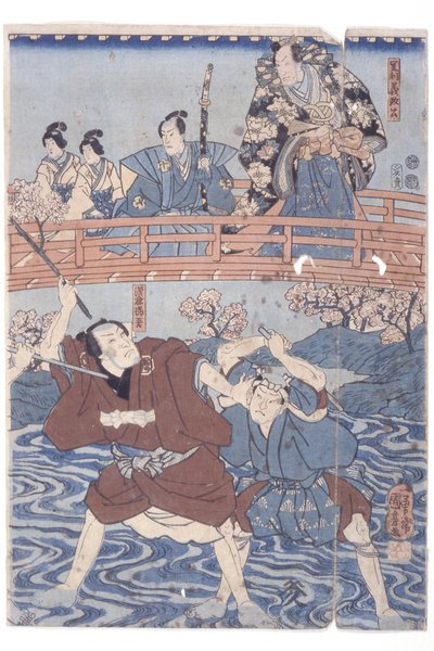 Bando Hikosaburo IV come Ashikaga Yoshimasa e Ichikawa Kodanji IV come Asakura Togo dal dramma Kabuki, Higashiyama Sakura Soshi da Utagawa Kuniyoshi