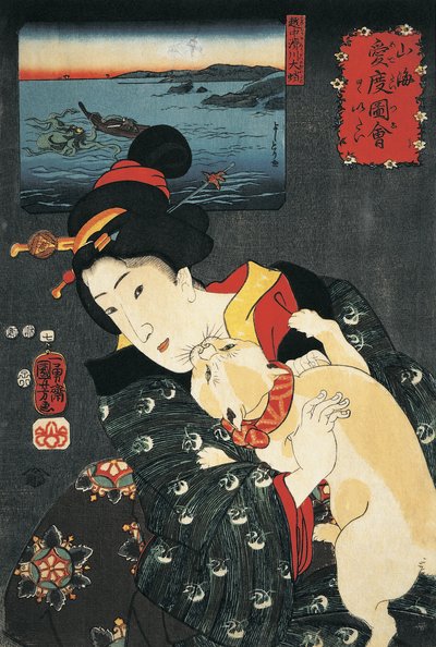 Primo piano di una giovane donna con un gatto in braccio da Utagawa Kuniyoshi