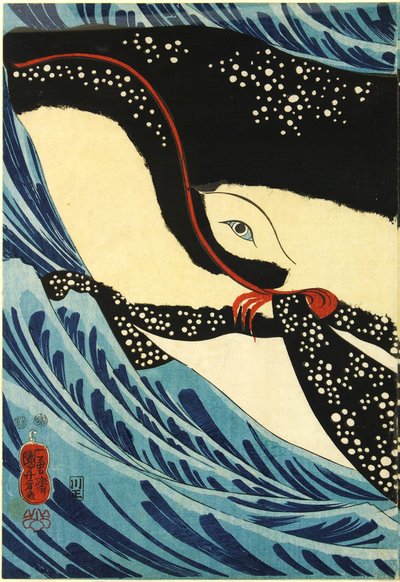 Trittico di stampa a colori su legno, raffigurante il grande spadaccino Miyamoto Musashi che attacca una balena gigante al largo della costa della provincia di Hizen da Utagawa Kuniyoshi