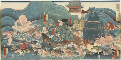 Il Dio Drago che ricompensa Hidesato con tre doni, aprile 1858 da Utagawa Kuniyoshi