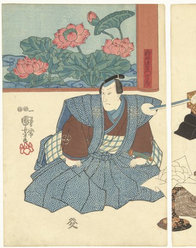Tre attori vicino a un paravento da Utagawa Kuniyoshi