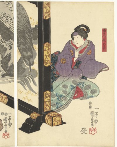 Tre attori vicino a un paravento da Utagawa Kuniyoshi