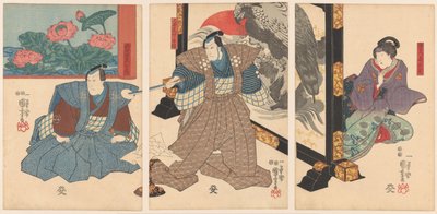 Tre attori vicino a un paravento da Utagawa Kuniyoshi