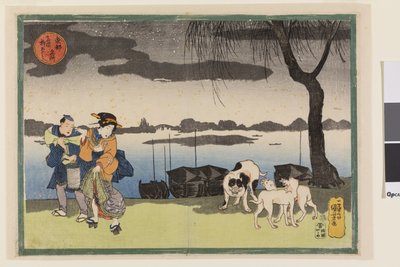Geisha, Attendente e Tre Cani vicino al Ponte Yanagi a Ryogoku, dalla serie Vedute Famose della Capitale Orientale, c.1834 da Utagawa Kuniyoshi