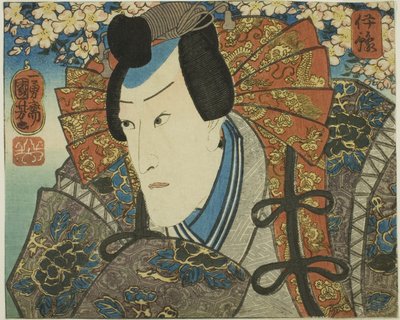 Provincia di Iyo: Ichikawa Danjuro VIII come Minamoto no Yoshitune, dalla serie "Scene moderne delle province in broccati di Edo (Edo nishiki imayo kuni zukushi)" da Utagawa Kuniyoshi