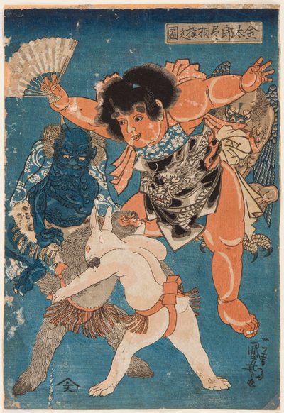 Kintaro arbitra un combattimento tra una scimmia e un coniglio da Utagawa Kuniyoshi