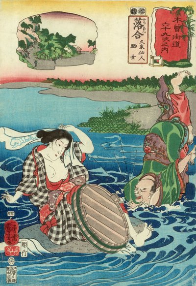 Kume Sennin cade in un fiume alla vista di una donna a seno nudo accovacciata su una roccia da Utagawa Kuniyoshi