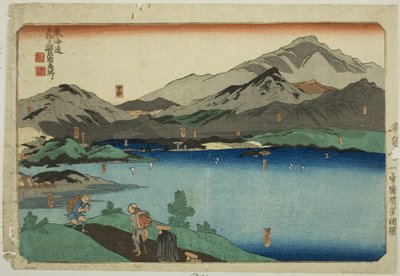 Minakuchi, Ishibe, Kusatsu, Otsu e Kyoto, dalla serie "Luoghi famosi delle cinquantatré stazioni del Tokaido, Cinque stazioni (Tokaido gojusan eki goshuku meisho)" da Utagawa Kuniyoshi