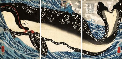 Miyamoto no Musashi attacca la balena gigante da Utagawa Kuniyoshi