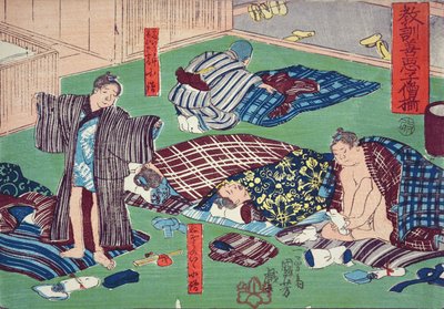 Insegnamento morale per i commessi, dando buoni e cattivi esempi di comportamento, 1857 da Utagawa Kuniyoshi