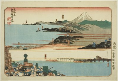 Nihonbashi, Shinagawa, Kawasaki e Kanagawa, dalla serie "Luoghi famosi sulle cinquantatré stazioni del Tokaido, quattro stazioni (Tokaido gojusan eki yonshuku meisho)" da Utagawa Kuniyoshi