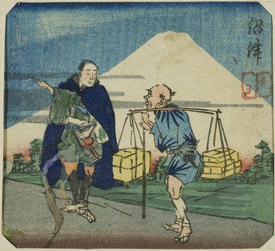 Numazu, sezione di un foglio dalla serie "Uno Specchio Harimaze di Spettacoli Joruri (Harimaze joruri kagami)" da Utagawa Kuniyoshi
