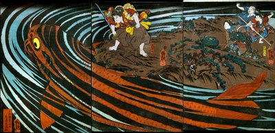 Oniwaka-maru sta per attaccare la carpa mostruosa da Utagawa Kuniyoshi