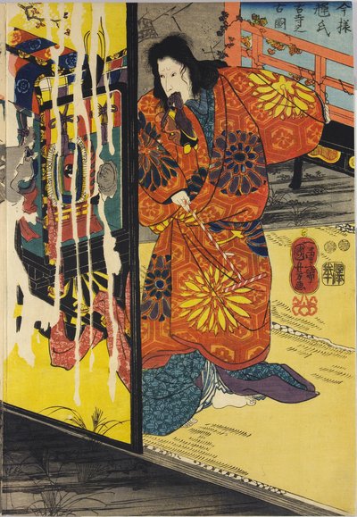 Parte di una stampa a blocchi di legno a colori intitolata Imayo Teruuji furudera no kozu da Utagawa Kuniyoshi