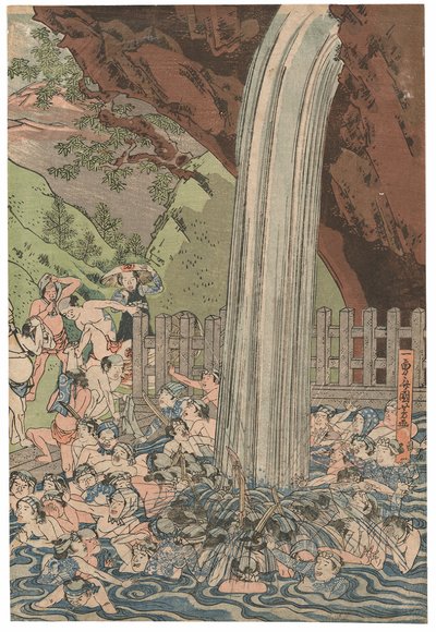 Pellegrini alla cascata di Roben a Oyama, firmato Ichiyusai Kuniyoshi, pubblicato da Azumaya Daisuke, sigillo kiwame, trittico Oban tate-e da Utagawa Kuniyoshi