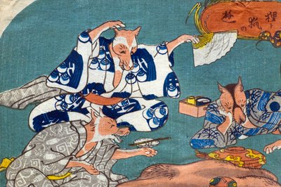 Cane procione e volpe che giocano, c.1842 da Utagawa Kuniyoshi