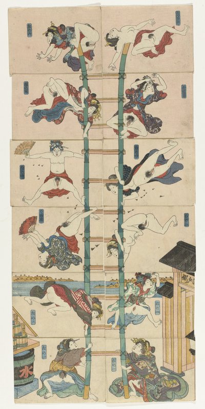 Serie di dodici koban Shunga con prostitute nel ruolo di pompieri acrobatici da Utagawa Kuniyoshi