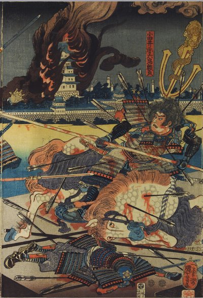 Foglio da una stampa a blocchi di legno a colori, intitolata Shinshū Odai kassen no zu, raffigurante Odai Akarokurō Yorisada che infilza tre uomini mentre il suo castello brucia sullo sfondo: Giappone, Edo, di Utagawa Kuniyoshi da Utagawa Kuniyoshi