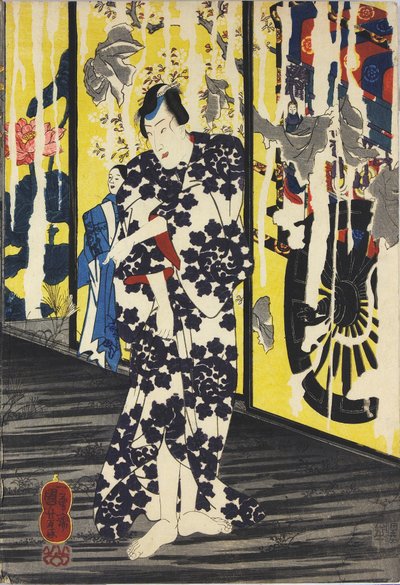Foglio da una stampa a blocchi di legno a colori intitolata Imayo Teru-uji furudera no kozu, raffigurante una scena in un tempio in rovina al chiaro di luna con fusuma strappati e scrostati, con Teru-uji che offre un asciugamano a da Utagawa Kuniyoshi