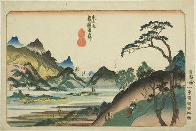 Shono, Kameyama, Seki, Sakanoshita e Tsuchiyama, dalla serie "Luoghi famosi delle cinquantatré stazioni del Tokaido, cinque stazioni (Tokaido gojusan eki goshuku meisho)" da Utagawa Kuniyoshi