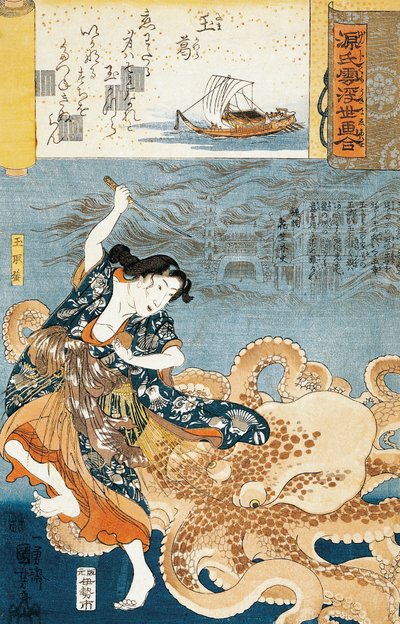 Tamatori (donna subacquea), attaccata da un polpo mentre afferra il gioiello sacro da Utagawa Kuniyoshi