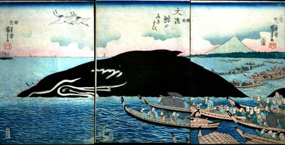 Folla di persone intorno a una balena catturata da Utagawa Kuniyoshi