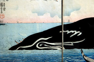 Folla di persone intorno a una balena catturata da Utagawa Kuniyoshi