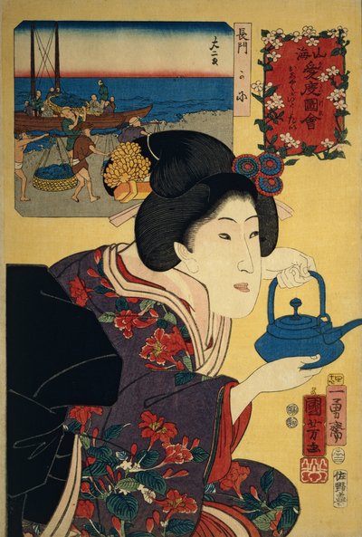 Cameriera con bollitore di sake, con la spiaggia di Nagato raffigurata sullo sfondo da Utagawa Kuniyoshi