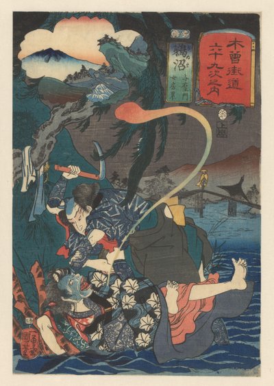 Yoemon uccide Kasane vicino al fiume da Utagawa Kuniyoshi