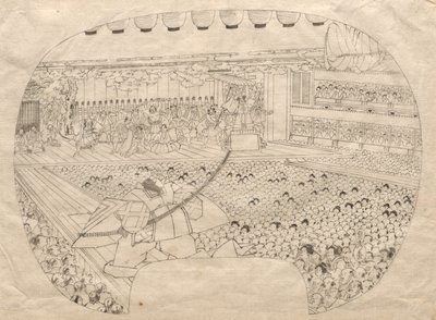 Disegno per stampa a forma di ventaglio del teatro Kabuki da Utagawa Sadahide