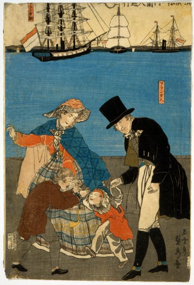 Europei che passeggiano a Yokohama, pub. 1871 da Utagawa Sadahide