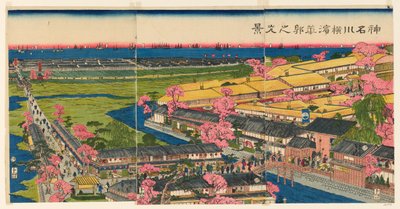 Veduta panoramica dei quartieri del piacere a Yokohama, Kanagawa (Kanagawa Yokohama hanakuruwa no kokei) da Utagawa Sadahide