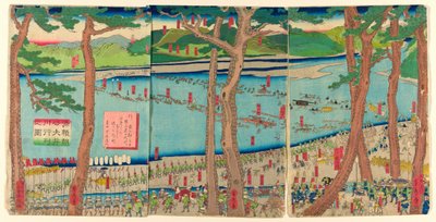 Processione di Minamoto no Yoritomo attraverso il fiume Oi (Minamoto Yoritomo ko Oikawa gyoretsu zu) da Utagawa Sadahide