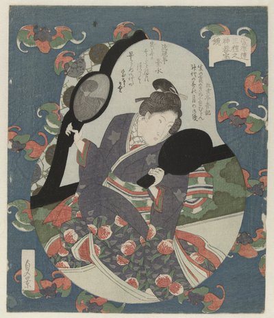 Bellezza che guarda la sua acconciatura (Drie heilige schatten voor de Sugawararen dichtersvereniging) da Utagawa Sadakage