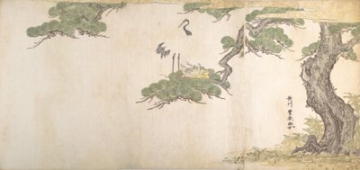 Gru e i loro piccoli nel nido tra i rami di un pino da Utagawa Toyoharu
