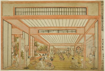 Vedute delle sale di ricevimento in Giappone - Intrattenimenti nel Giorno del Topo in stile moderno (Uki-e wakoku keiseki ozashiki imayo ne no hi no asobi no zu) da Utagawa Toyoharu