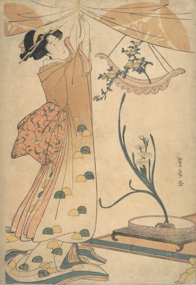 Una donna che lega una tenda, una composizione floreale di crisantemi in un vaso a forma di barca da Utagawa Toyohiro
