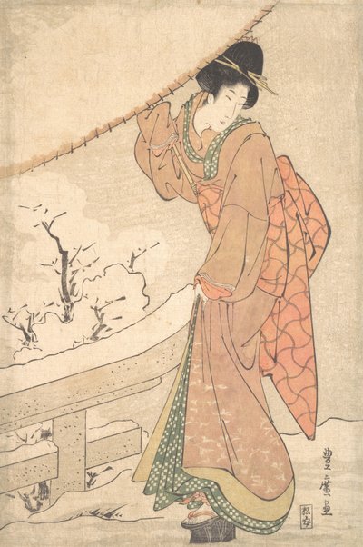 Una giovane donna in una tempesta di neve con un ombrello carico di neve da Utagawa Toyohiro