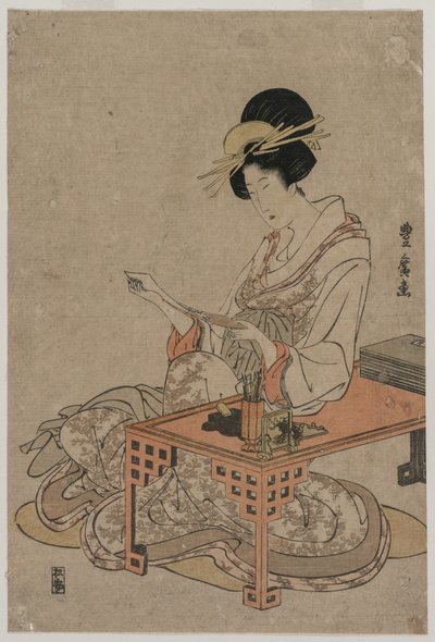 Cortigiana seduta a un tavolo da scrittura da Utagawa Toyohiro