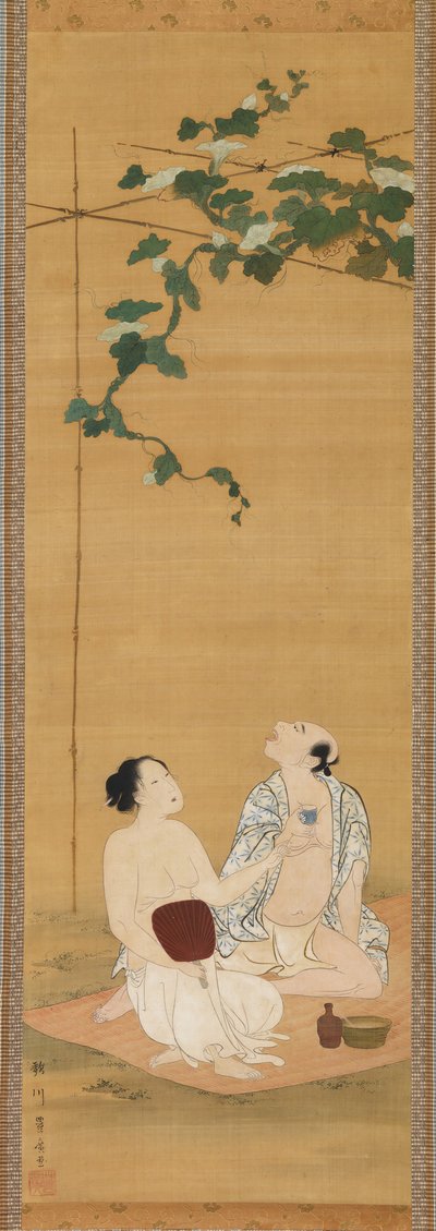 Godendo il fresco della sera sotto un pergolato di zucche, inizio 19° secolo da Utagawa Toyohiro
